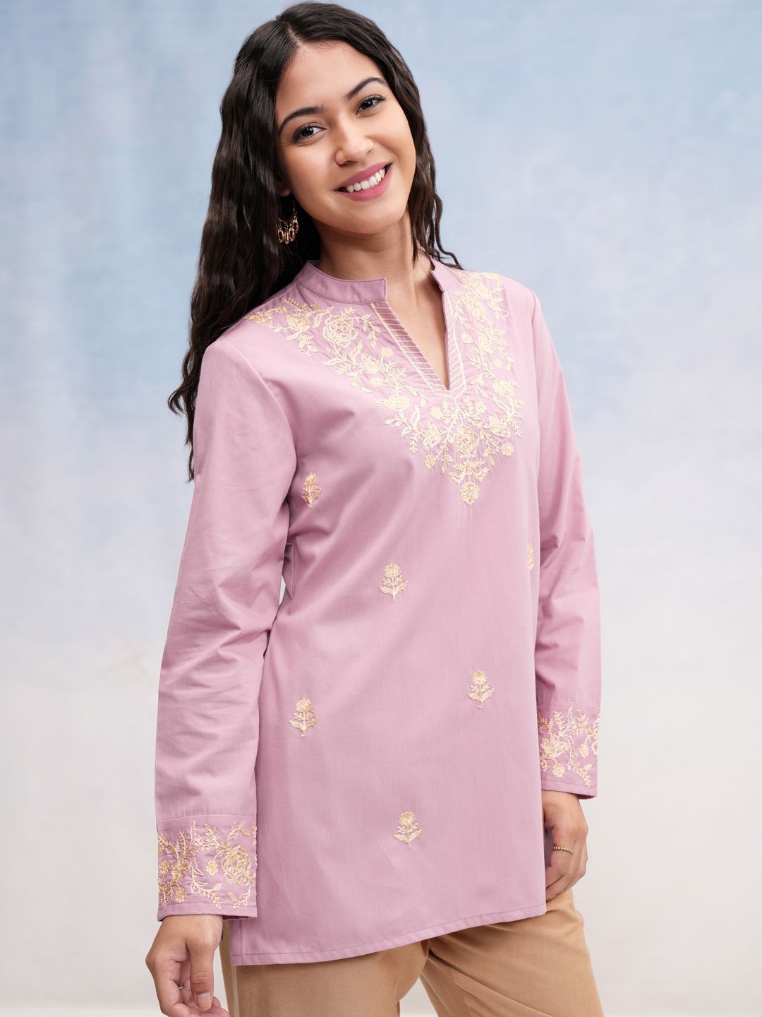 

Vishudh Women Embroidered Self Design Mandarin Collar Top, Pink