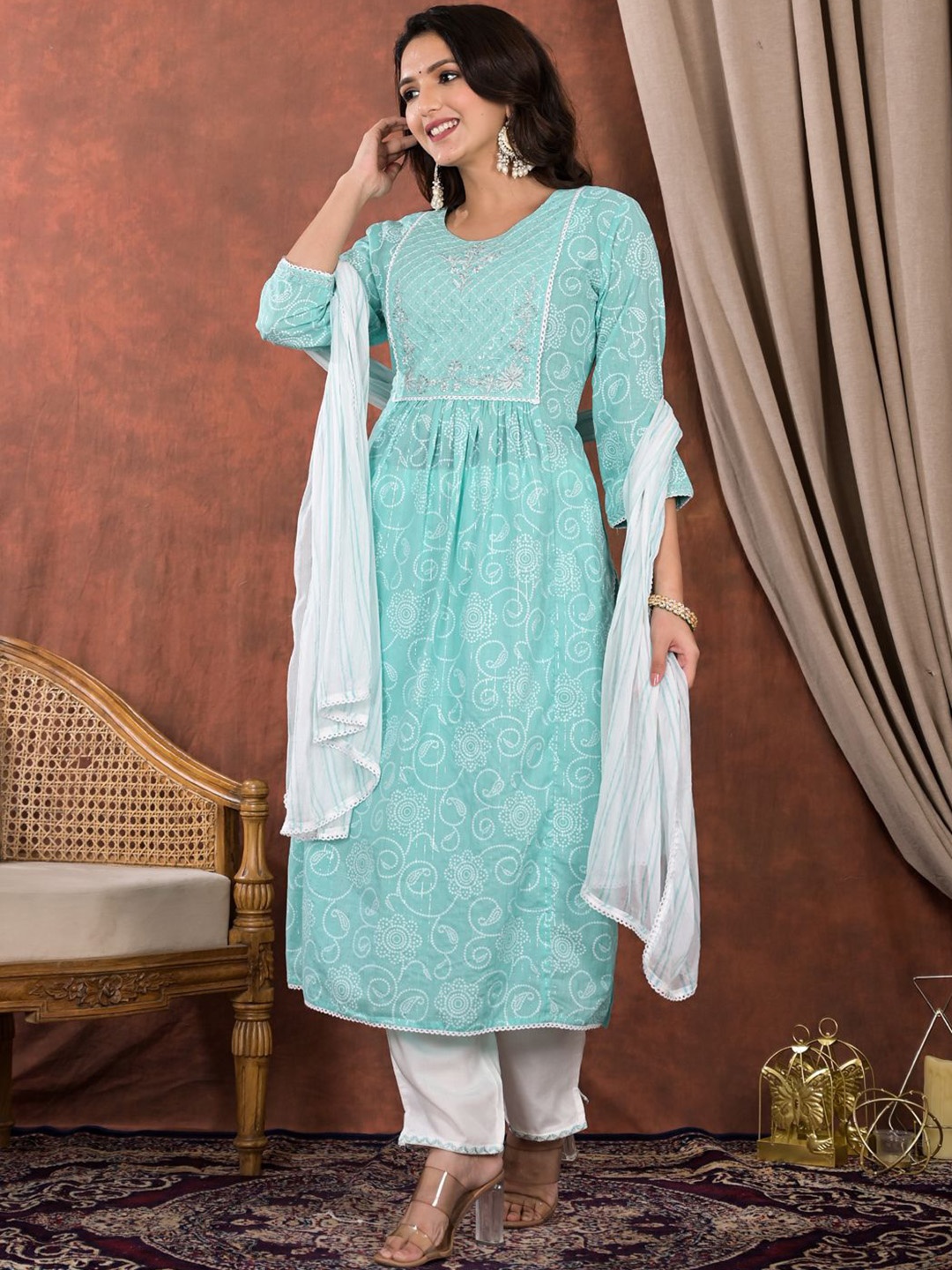 

Readiprint Fashions Floral Printed Thread Work A Line Kurta with Palazzos & Dupatta, Turquoise blue