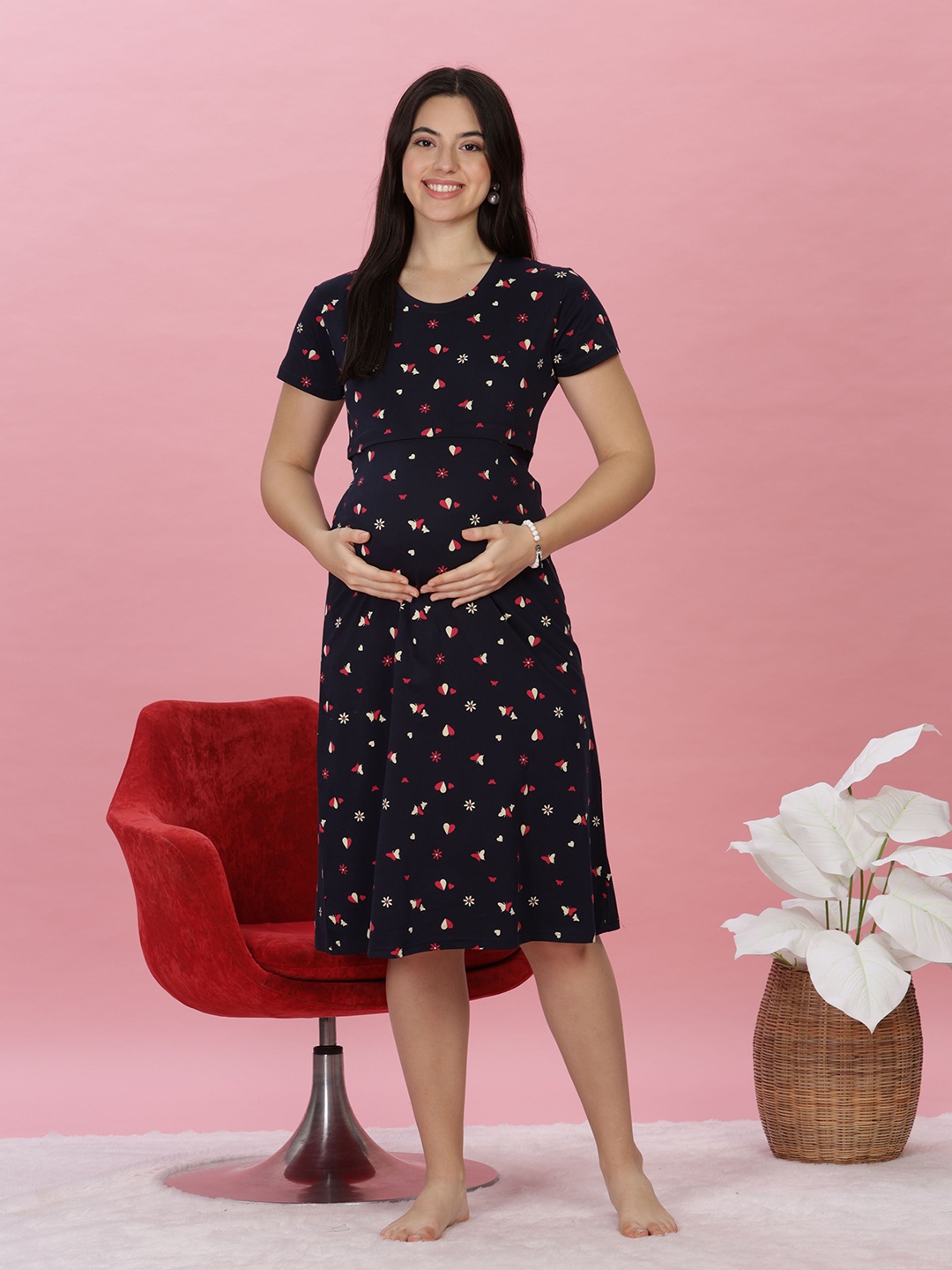

9shines Label Pure Cotton Printed Maternity Nightdress, Navy blue