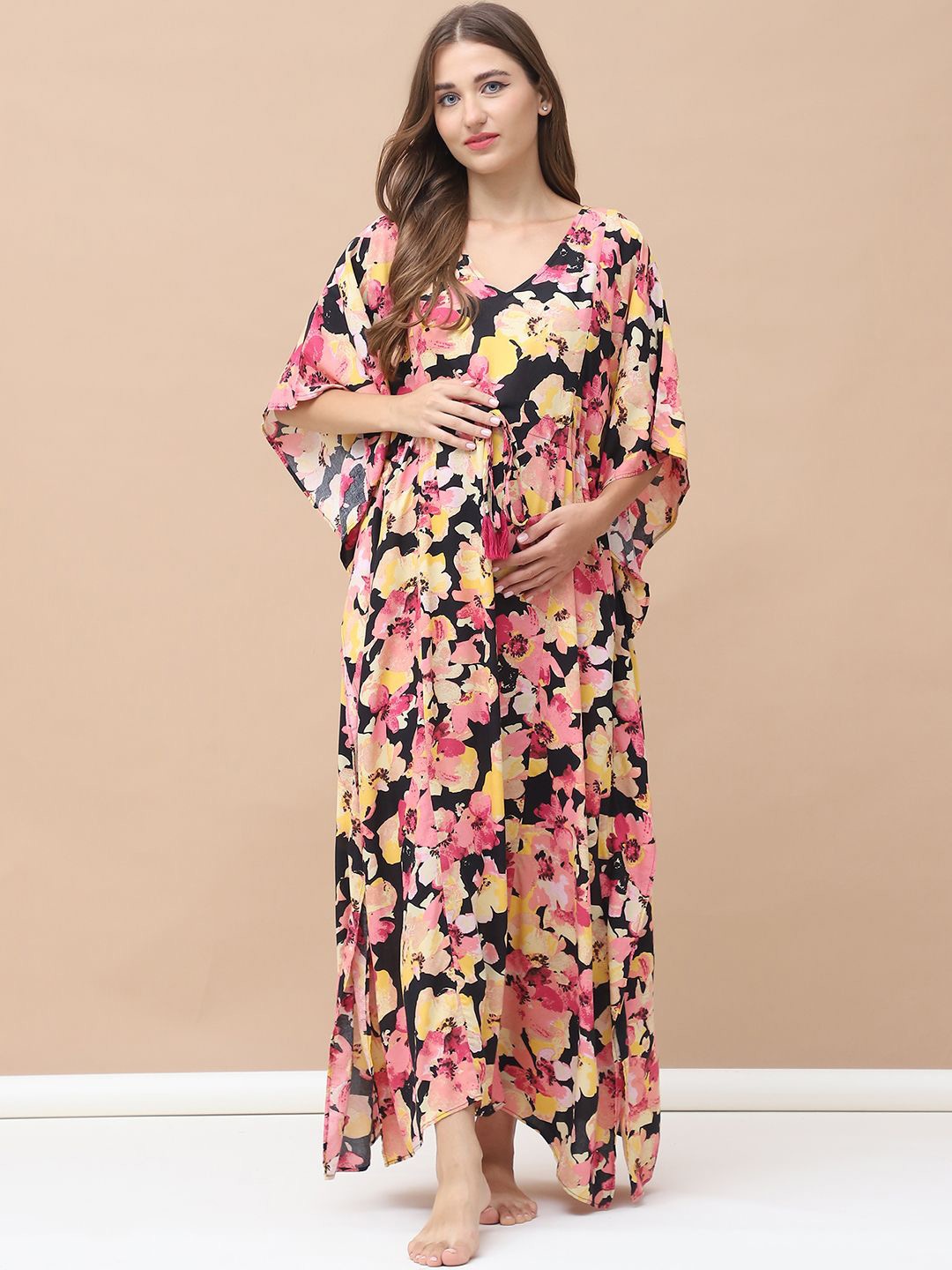 

Secret Wish Women Floral Printed Maxi Maternity Kaftan Nightdress, Black