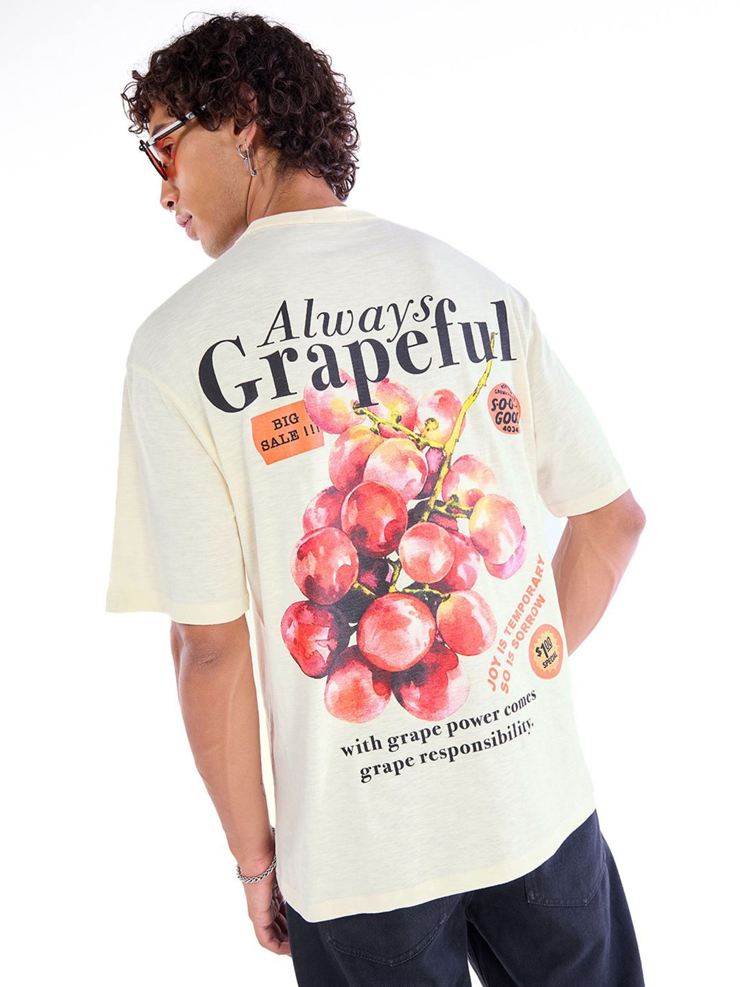 

Bewakoof Air 1.0 Men Gardenia Grapeful Graphic Printed Oversized T-shirt, Beige