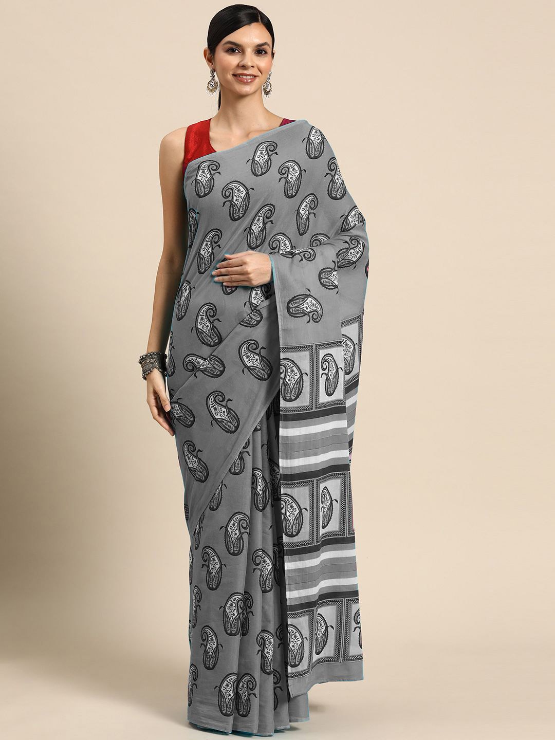 

BUTA BUTI Paisley Pure Cotton Saree, Grey