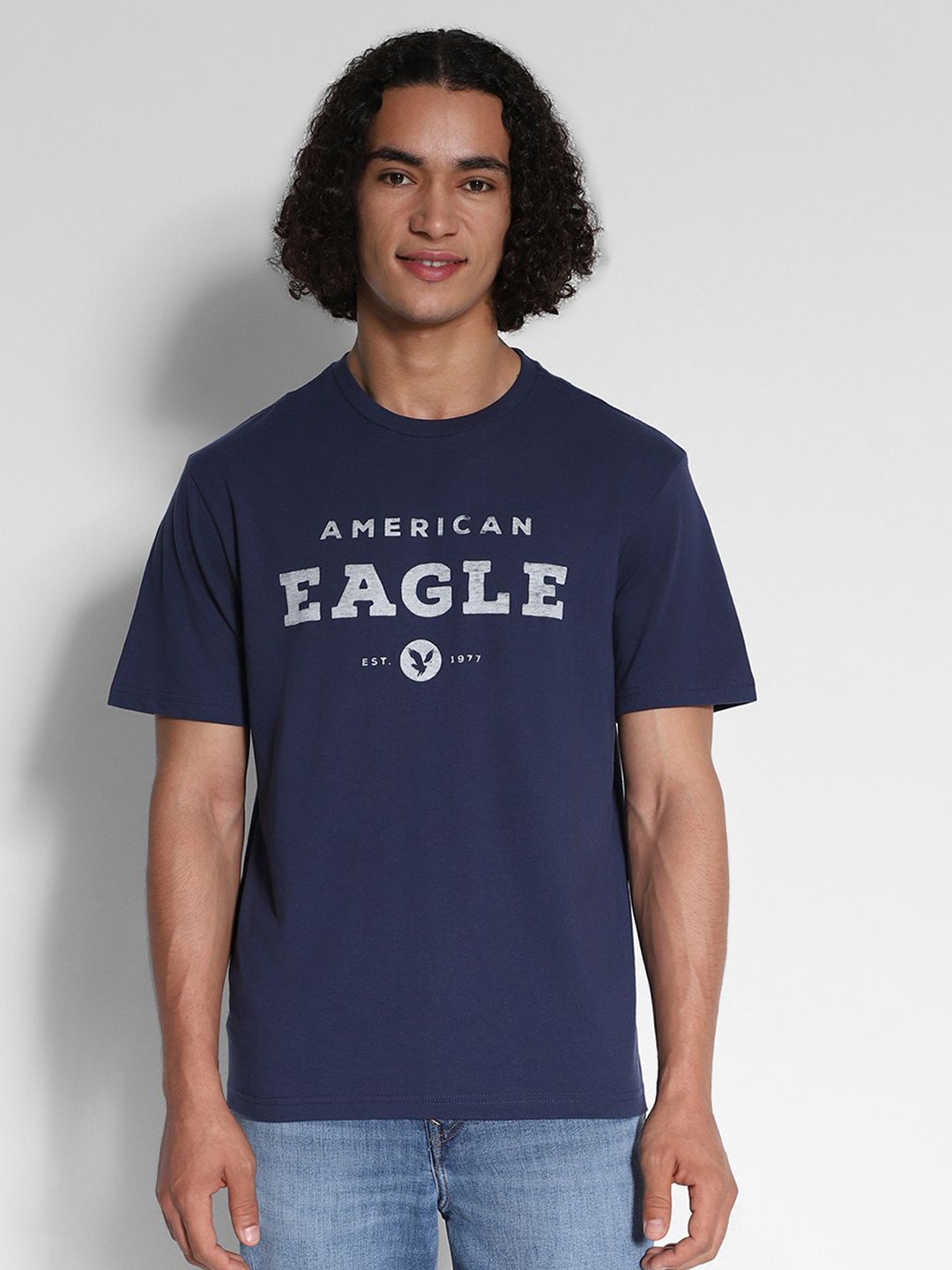 

AMERICAN EAGLE OUTFITTERS Men Typography Printed Round Neck Cotton T-shirt, Navy blue