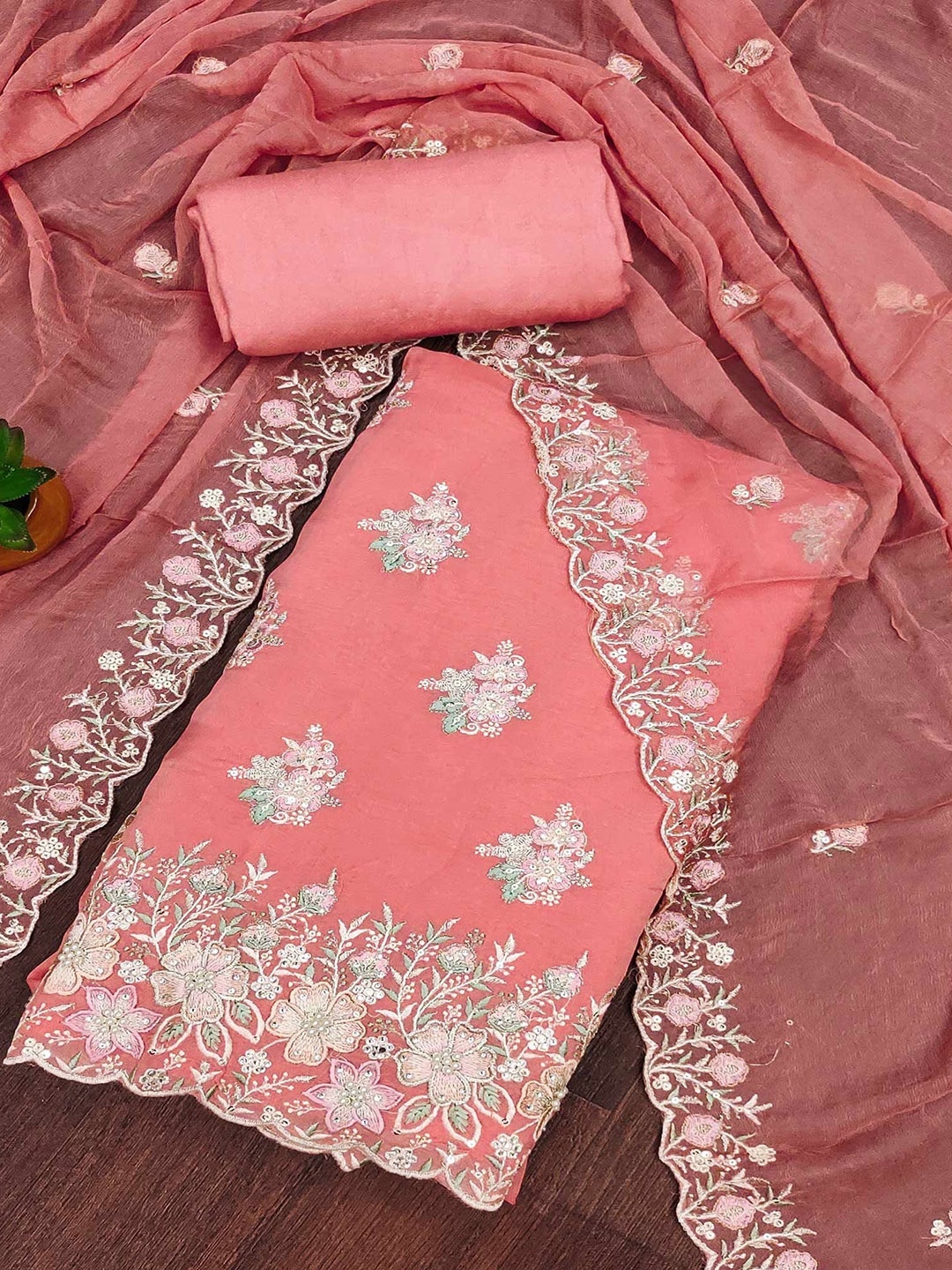 

Peachmode Floral Embroidered Sequinned Organza Unstitched Dress Material, Peach