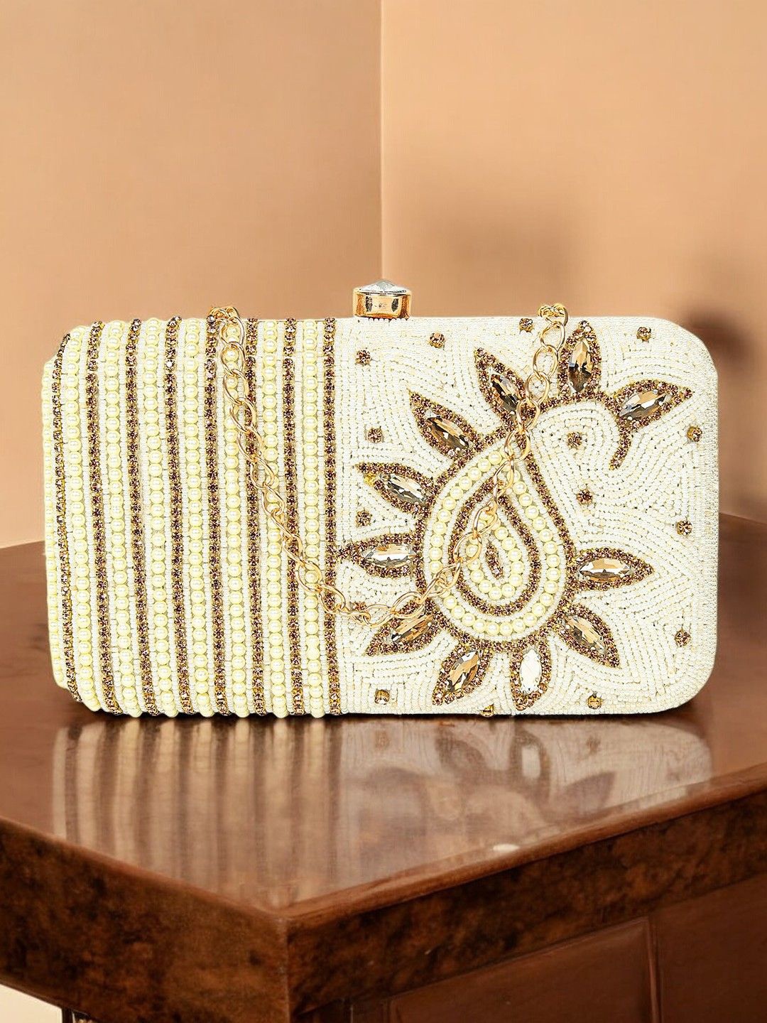 

CRUSSET Embellished Box Clutch, Cream