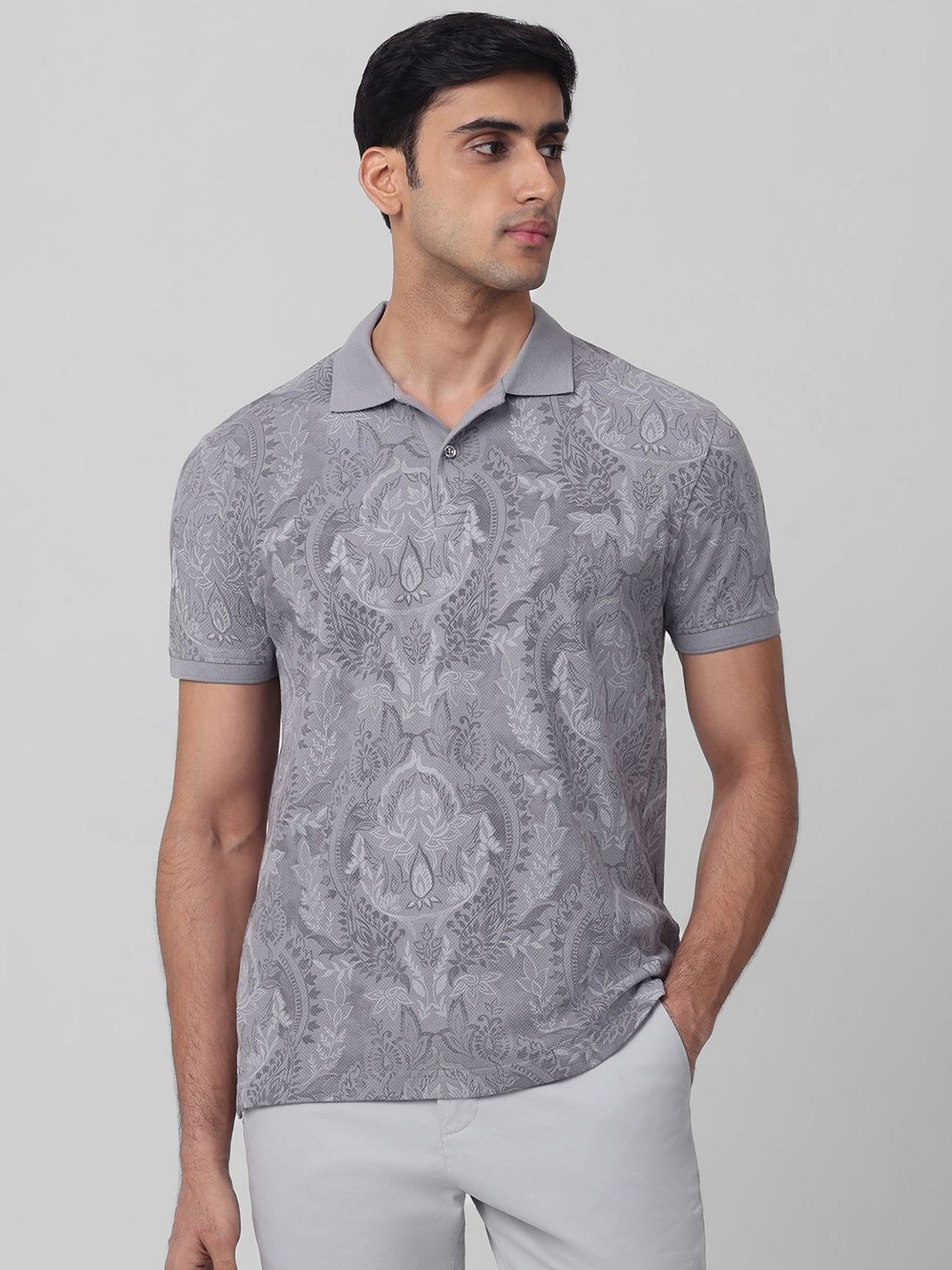 

Mufti Men Floral Printed Polo Collar Cotton Slim Fit T-shirt, Grey