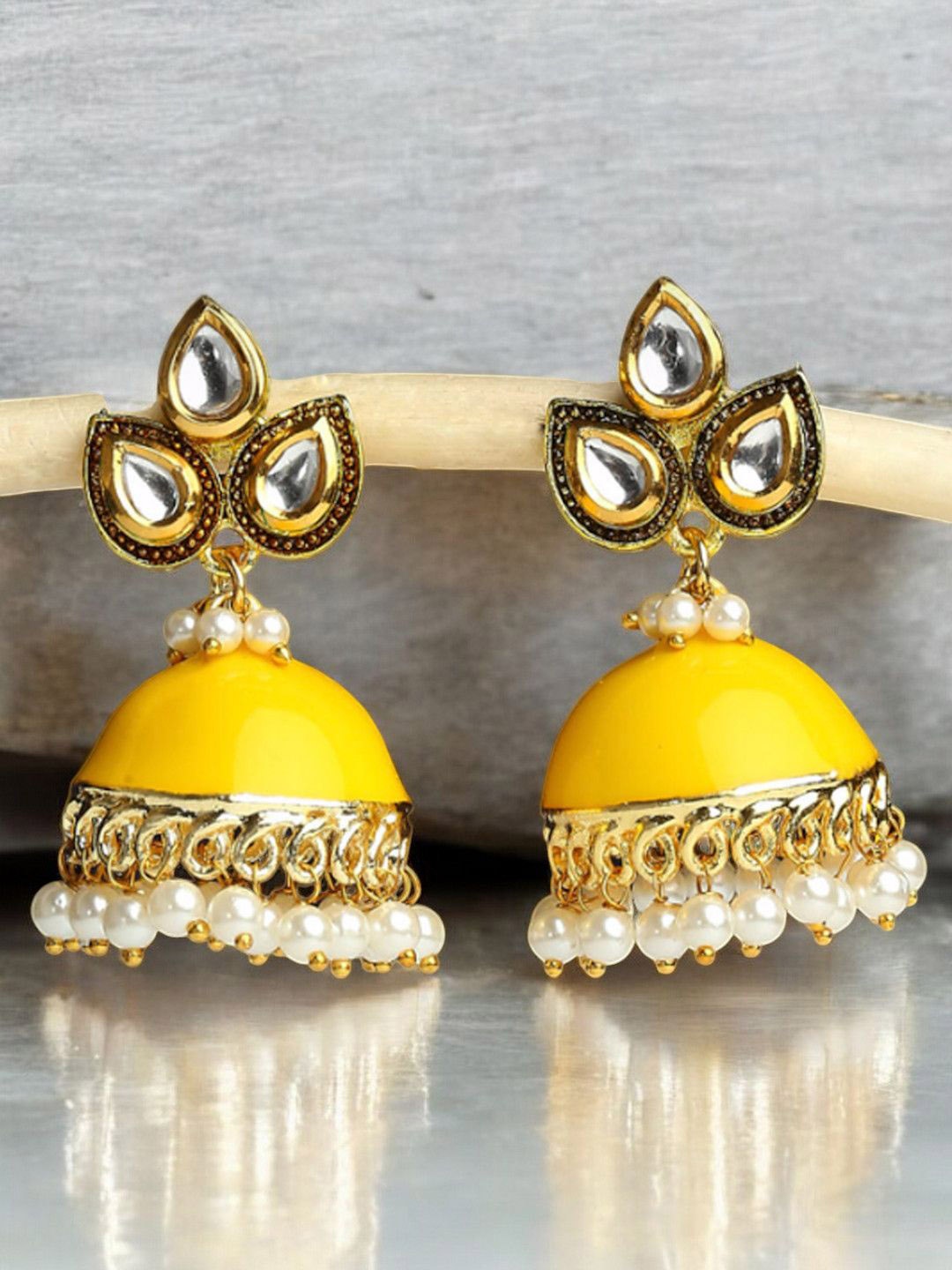 

OOMPH Kundan Studded Dome Shaped Meenakari Jhumkas, Yellow