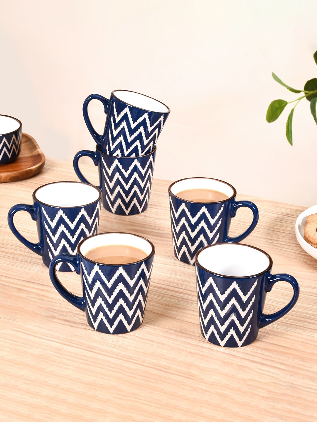 

Nestasia Blue & White 6 Pcs Gometric Printed Ceramic Microwave Safe Glossy Cups Set 250ml