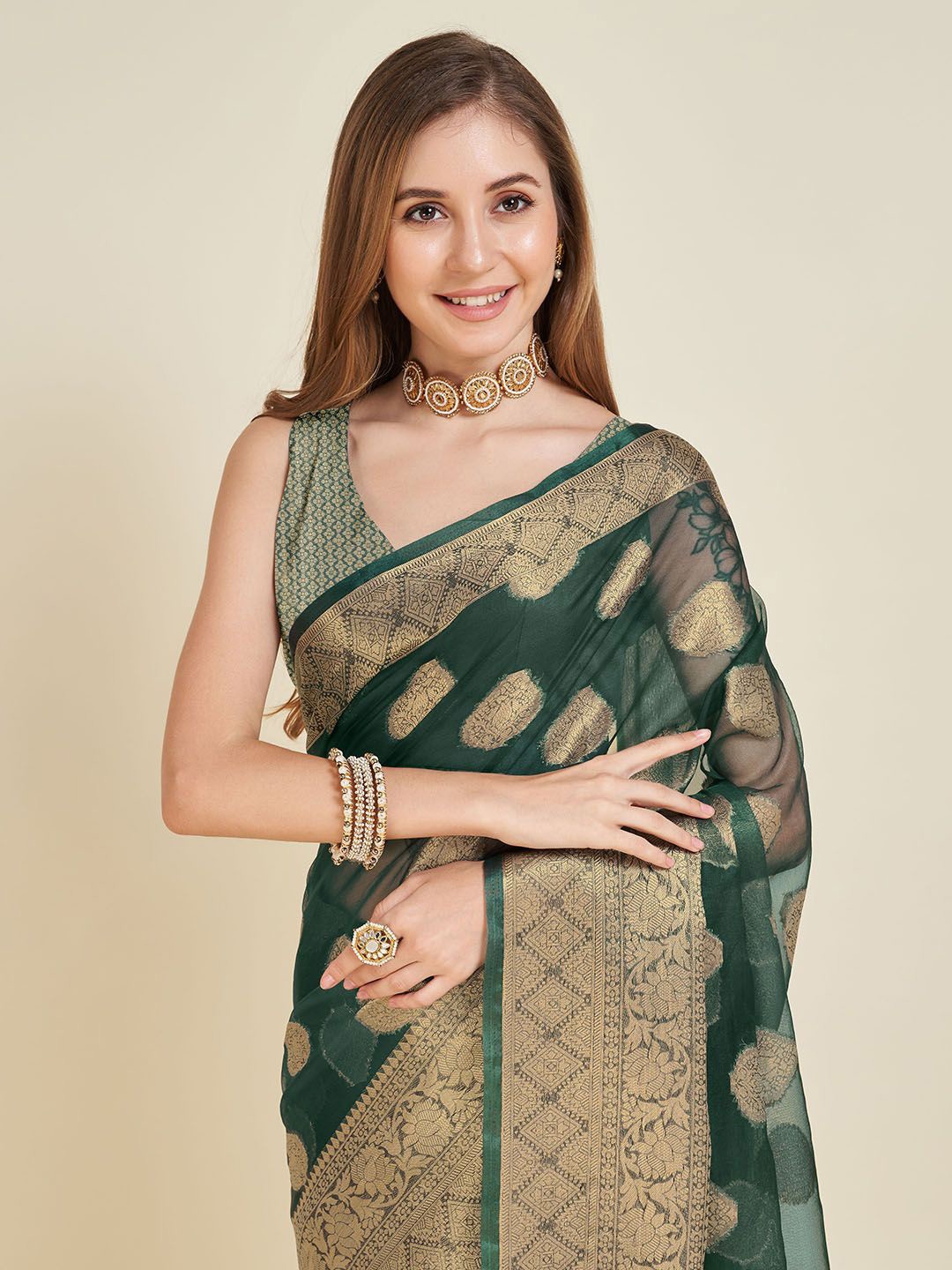 

NIWAA Woven Design Zari Organza Banarasi Saree, Green