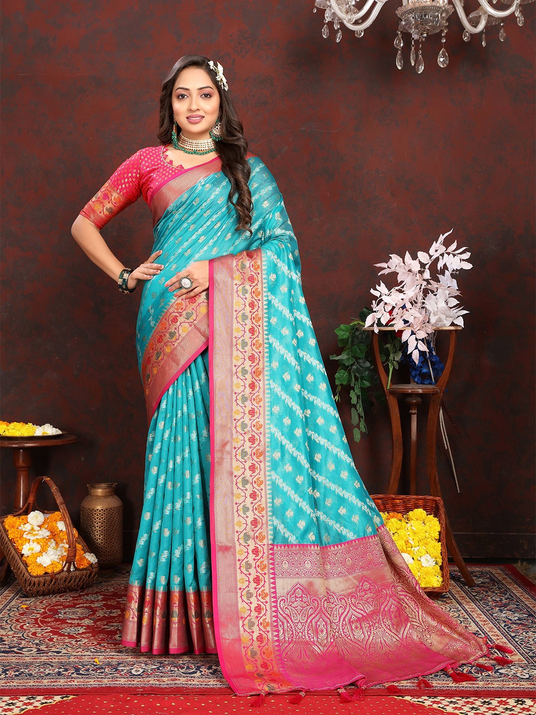 

Zeekha Woven Design Zari Pure Silk Kanjeevaram Saree, Turquoise blue