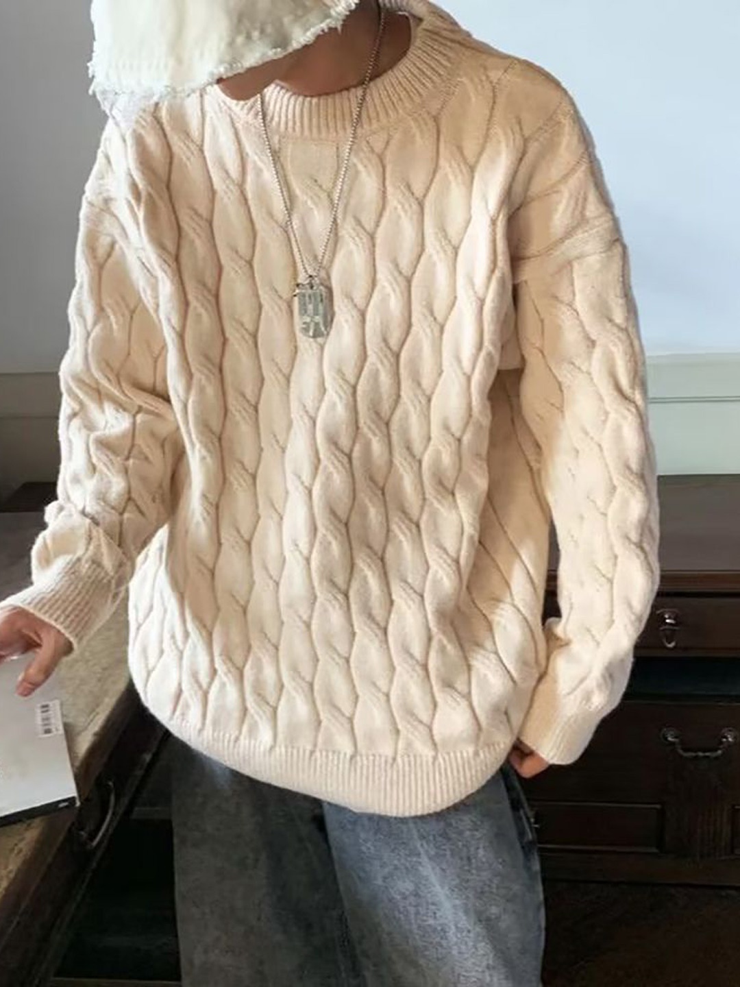 

StyleCast x Revolte Men Cable Knit Pullover, Beige