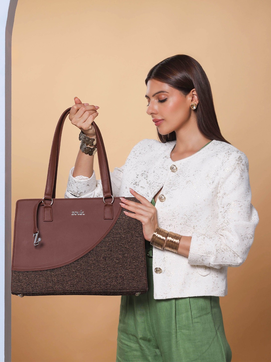 

ZOUK Printed Structured Tote Bag, Brown