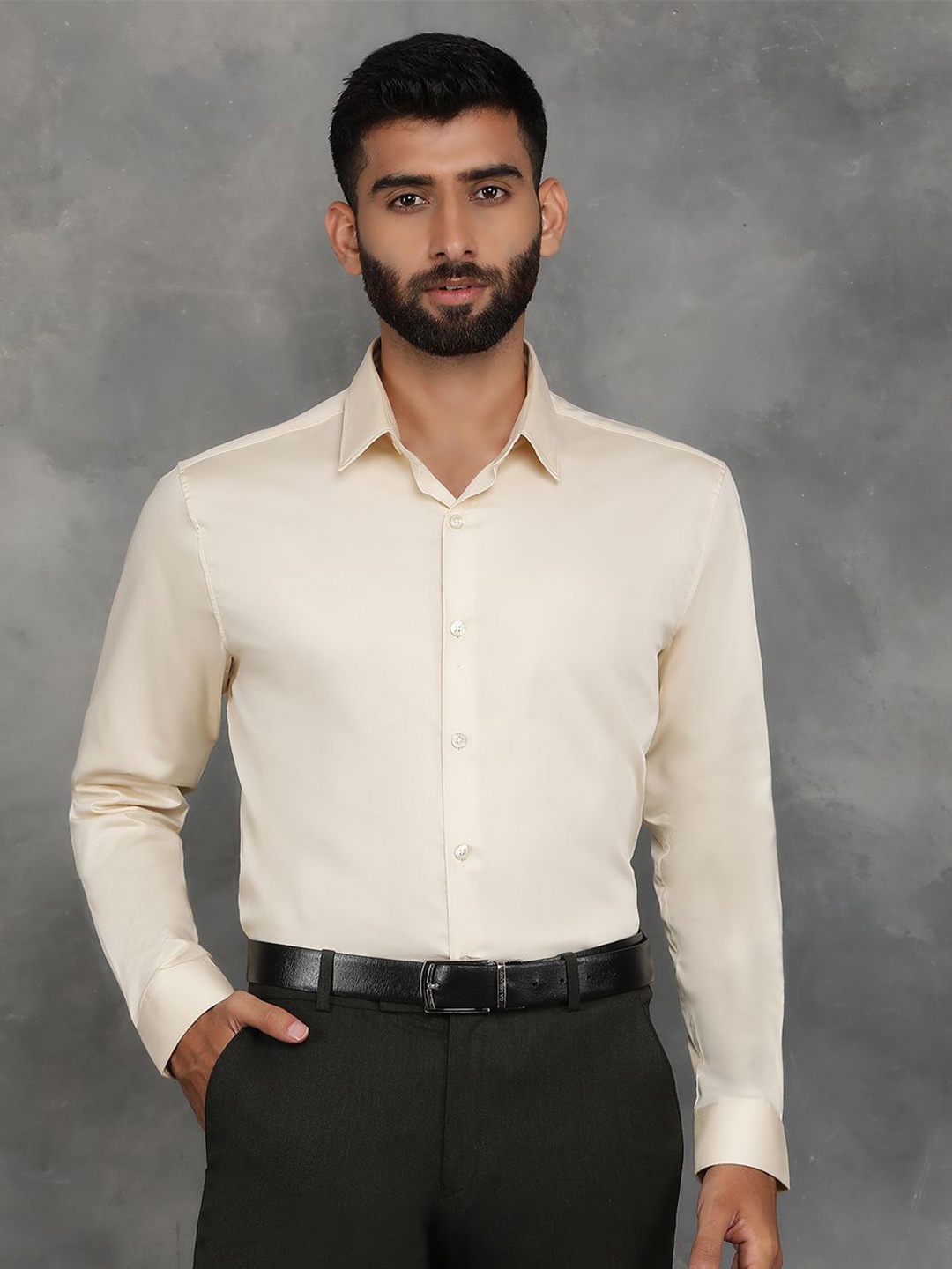 

Greenfibre Men Spread Collar Solid Cotton Slim Fit Casual Shirt, Cream