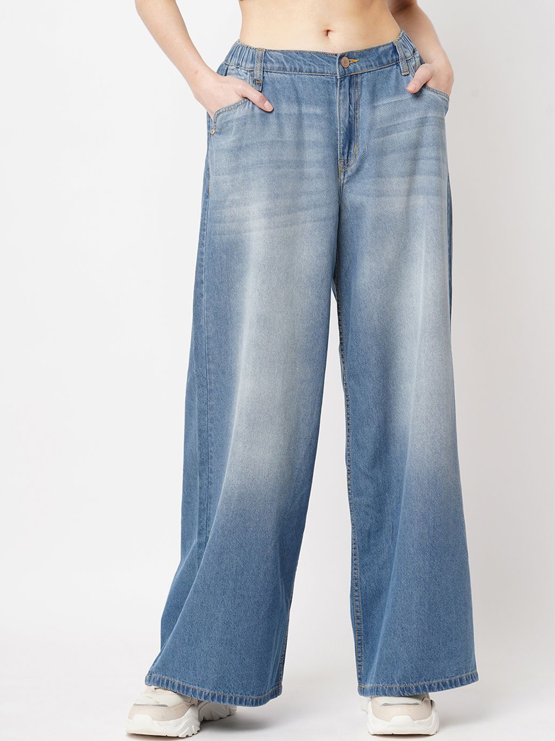 

GUTI Women Wide Leg Heavy Fade Stretchable Jeans, Blue