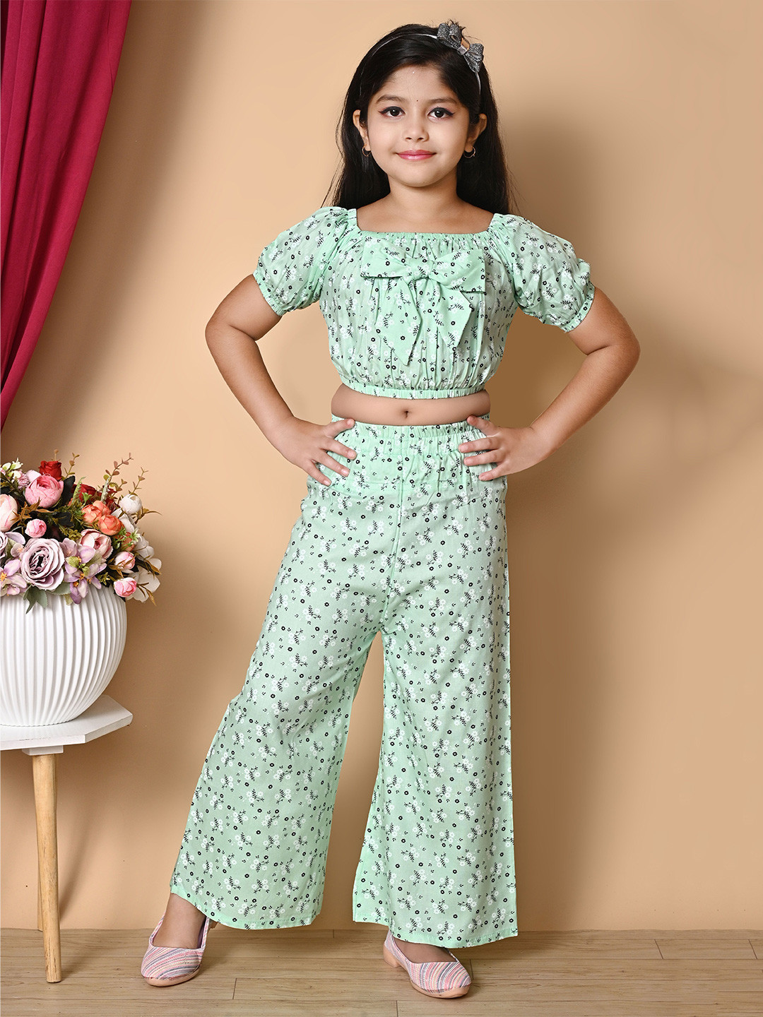 

SK DALIA DRESSES Girls Floral Printed Top With Palazzos Co-Ords Sets, Green