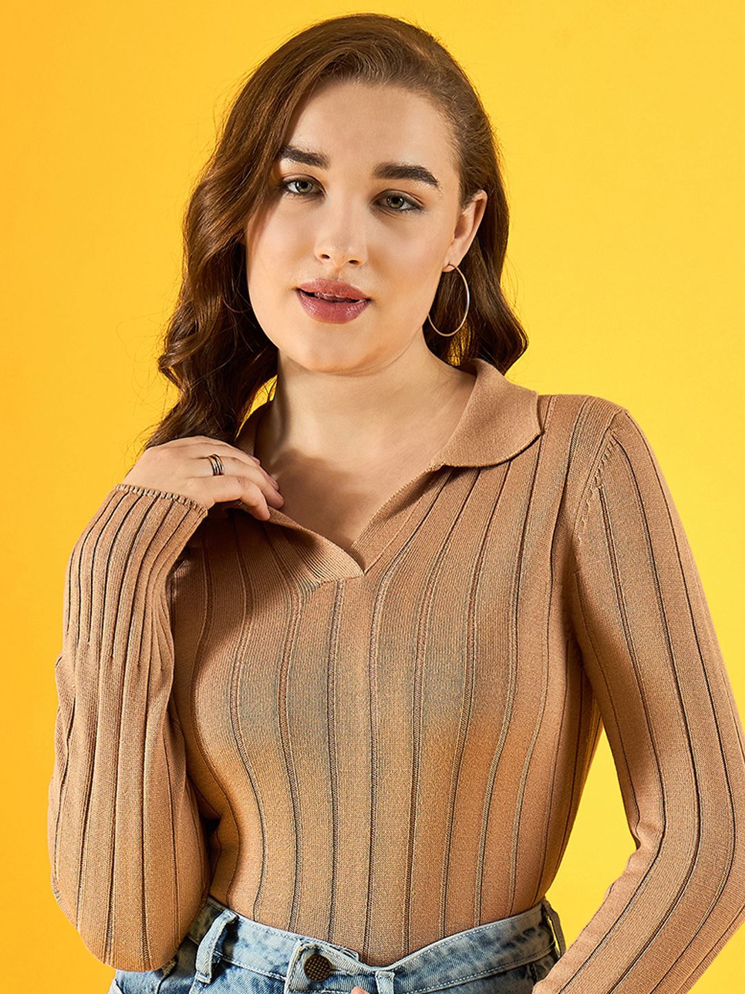 

98 Degree North Women Shirt Collar Ribbed Cotton Pullover, Beige