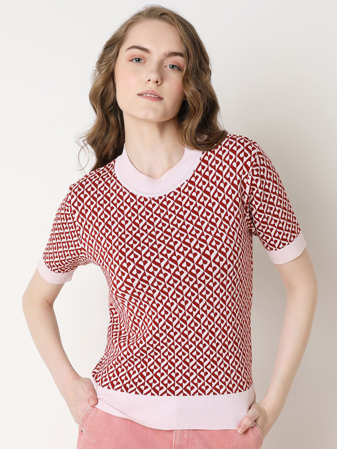 

Vero Moda Women Abstract Printed Round Neck Top, Maroon
