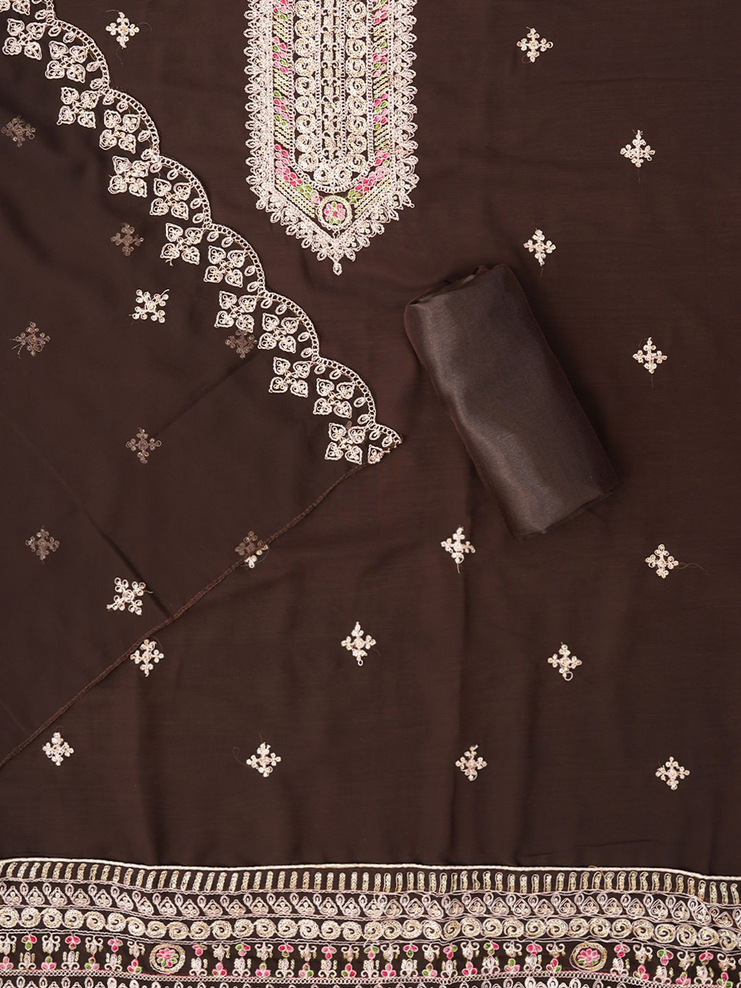 

Jaipur Kurti Zari Embroidered Silk Georgette Dress Material with Dupatta, Brown