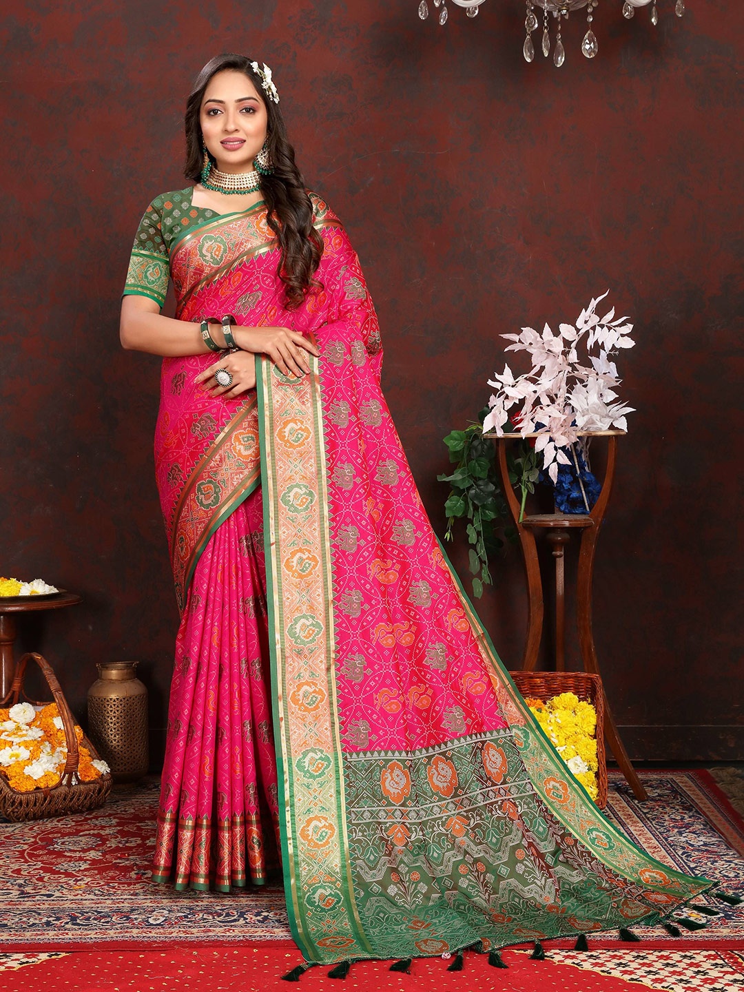 

Zeekha Kalamkari Zari Pure Silk Patola Saree, Pink