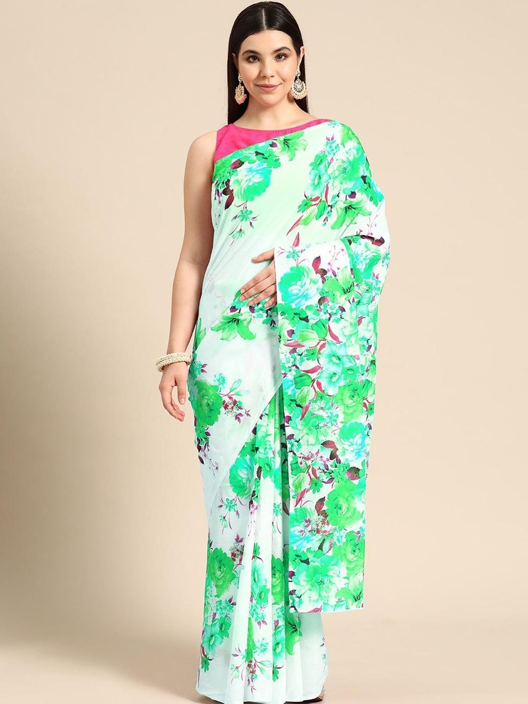 

BUTA BUTI Floral Printed Pure Cotton Saree, Green