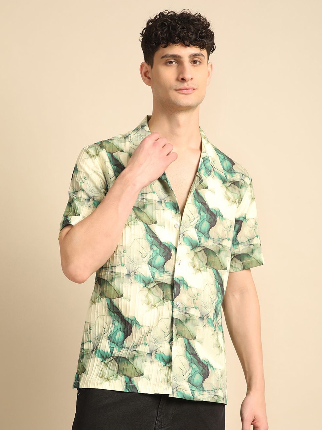 

Voroxy Men Smart Cuban Collar Abstract Printed Polycotton Casual Shirt, Green