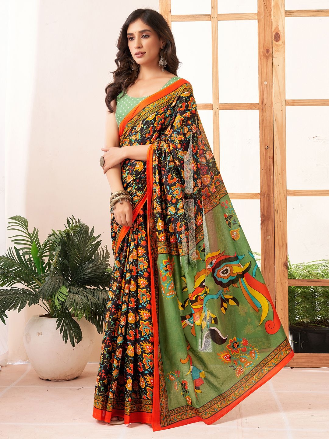 

Mitera Kalamkari Printed Pure Cotton Ikat Saree, Black