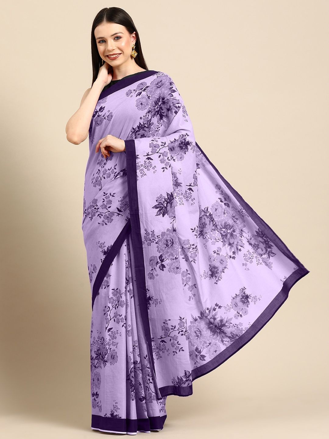 

BUTA BUTI Floral Pure Cotton Saree, Purple
