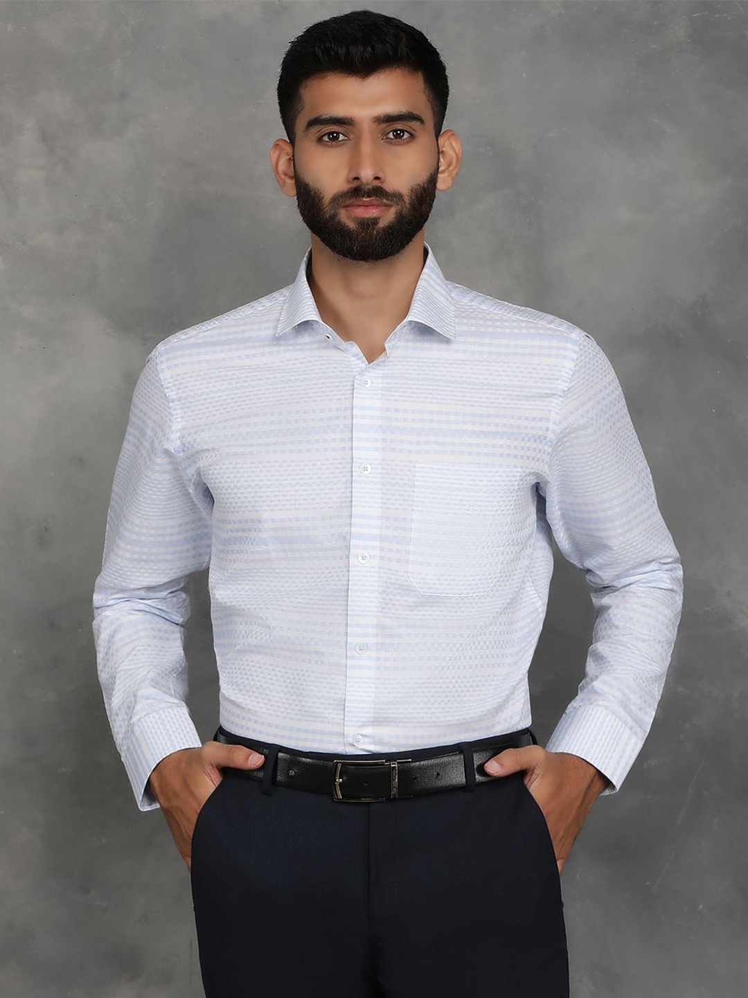 

Greenfibre Men Spread Collar Horizontal Striped Cotton Slim Fit Casual Shirt, Blue