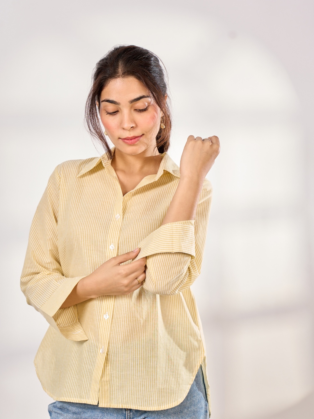 

Minimul Vertical Striped Long Sleeves Pure Cotton Casual Shirt, Yellow