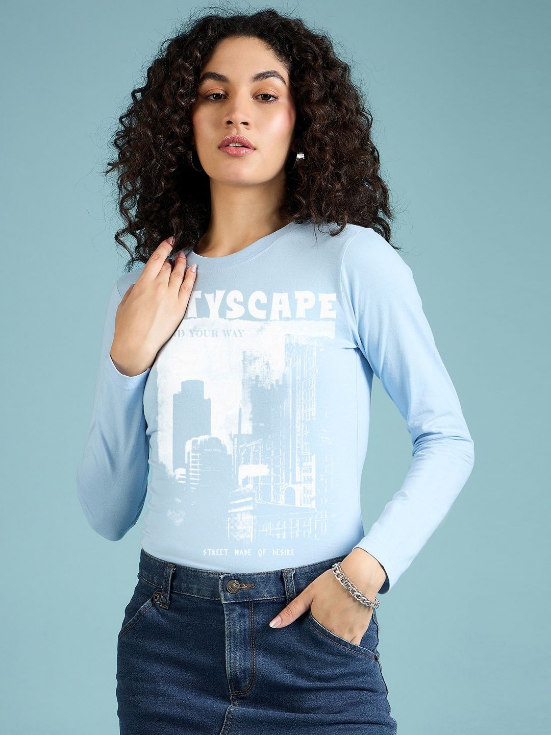 

DressBerry Women Graphic Printed Round Neck Cotton T-shirt, Blue