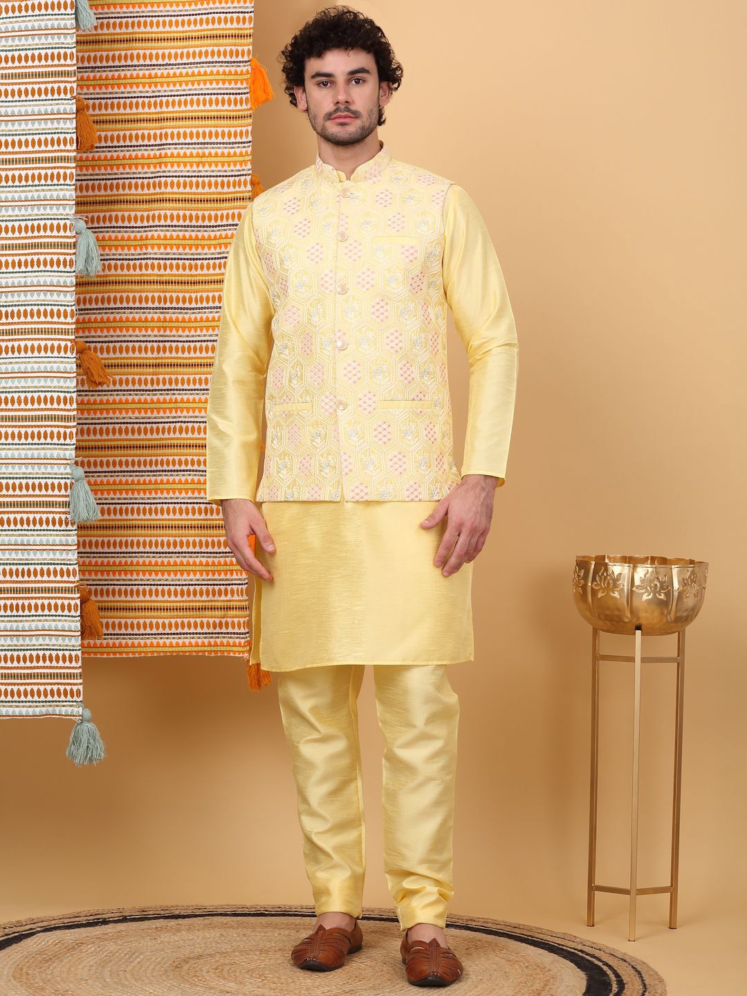 

KRAFT INDIA LUXE Mandarin Collar Straight Kurta with Churidar & Embroidered Nehru Jacket, Yellow