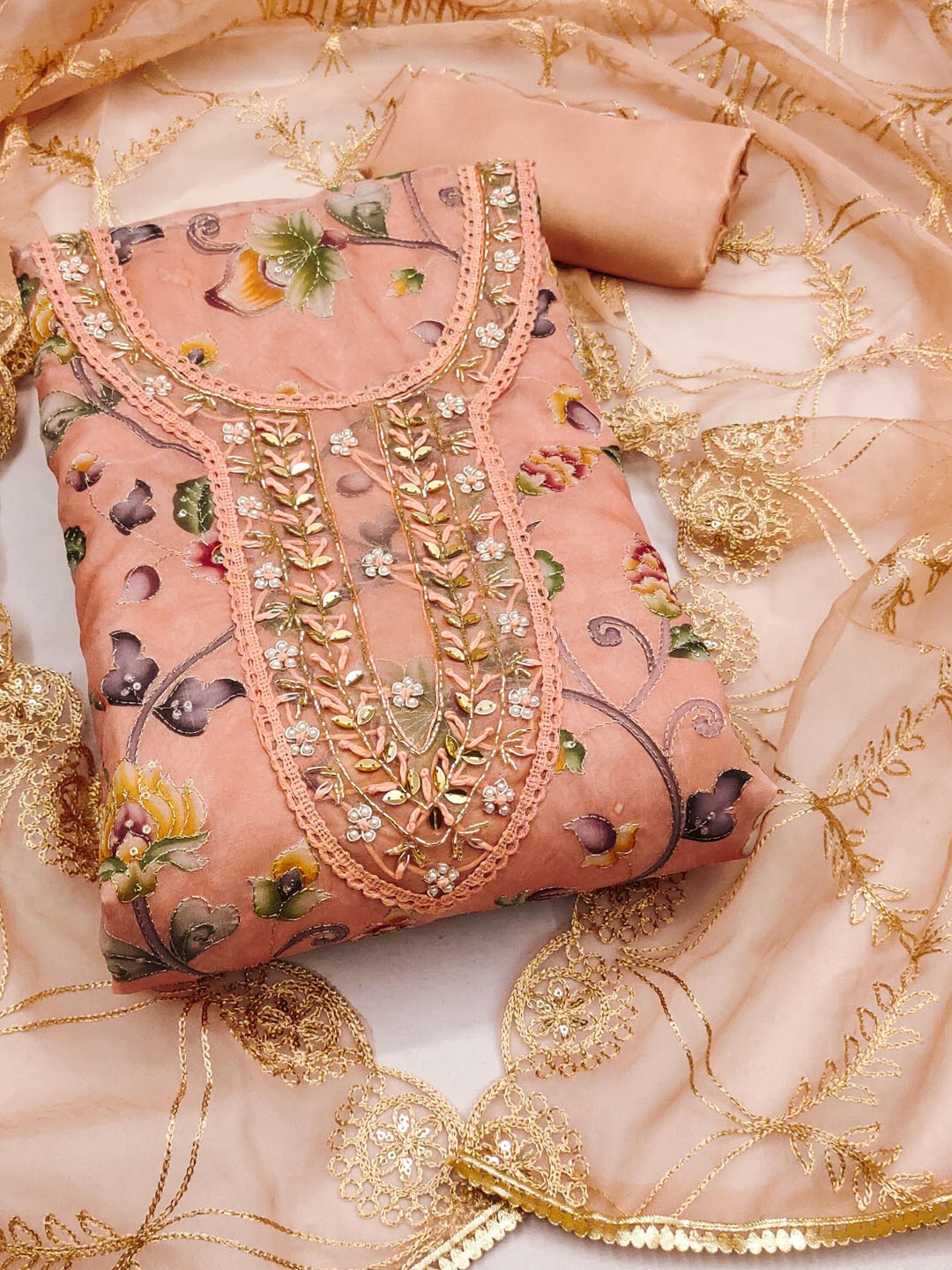 

KIMISHA Floral Embellished Beads and Stones Organza Unstitched Dress Material, Peach