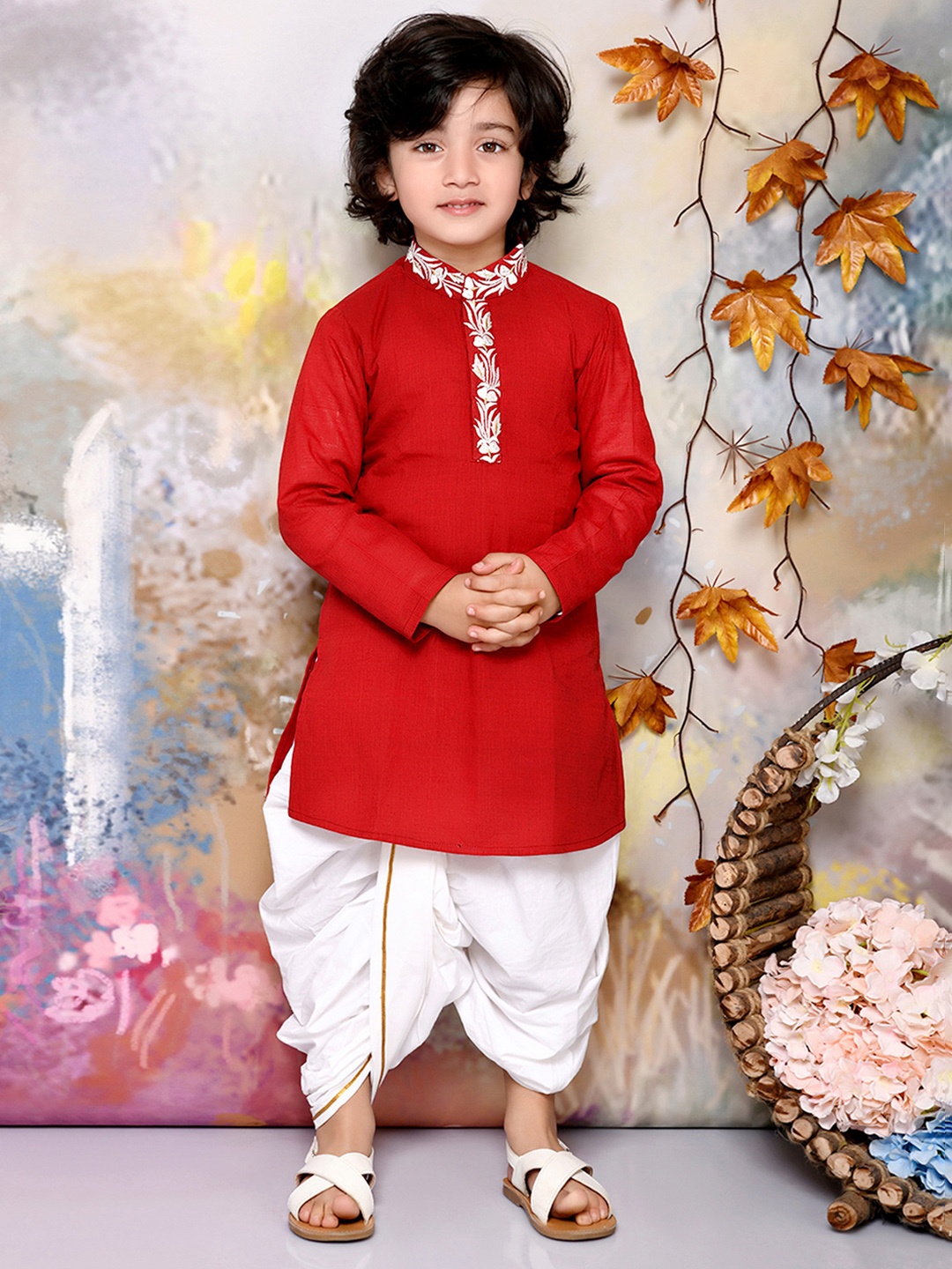 

MUDKID Boys Regular Pure Cotton Kurta with Dhoti Pants, Maroon