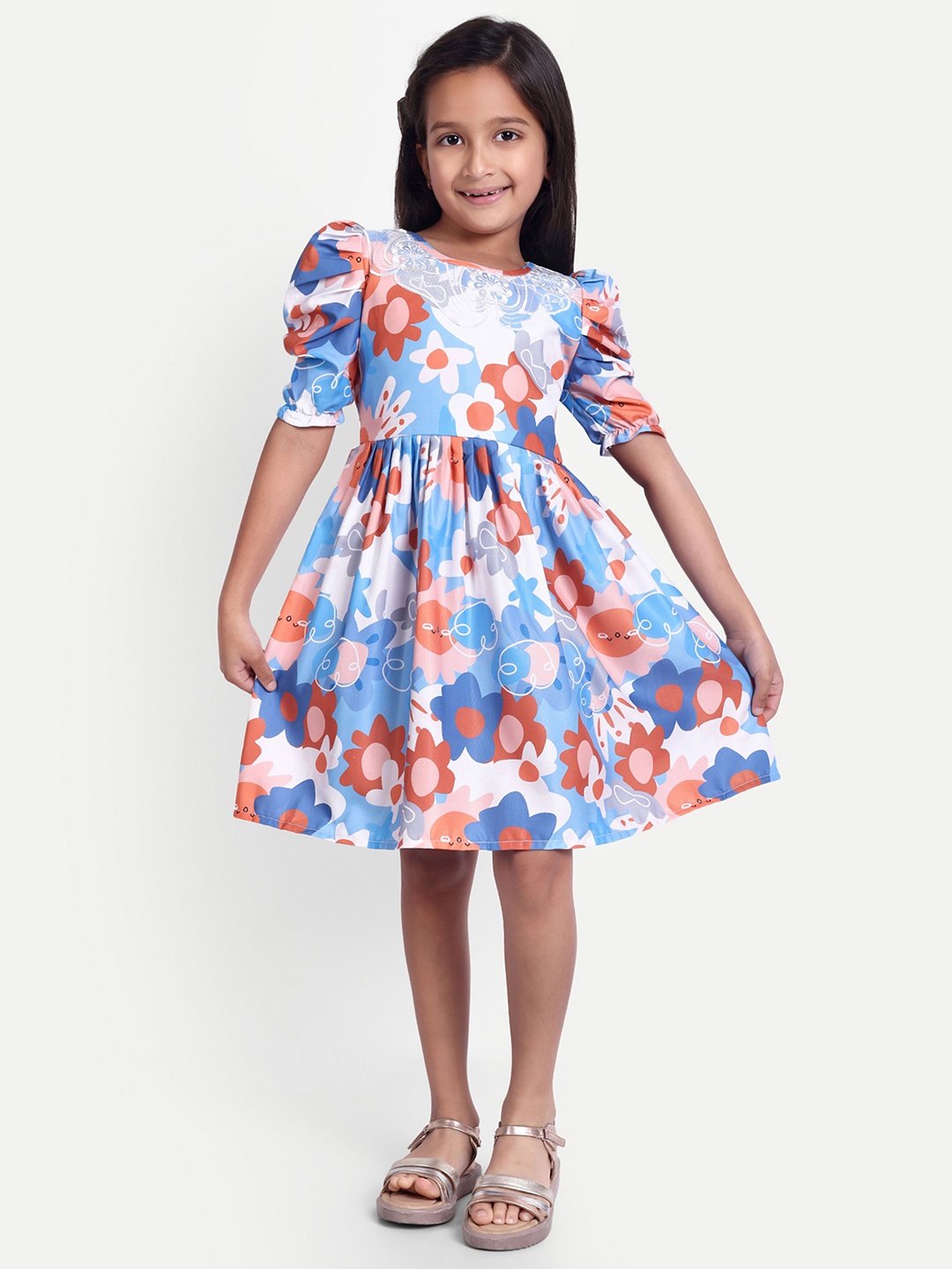 

FEBVIBE Girls Floral Printed Fit & Flare Dress, Blue