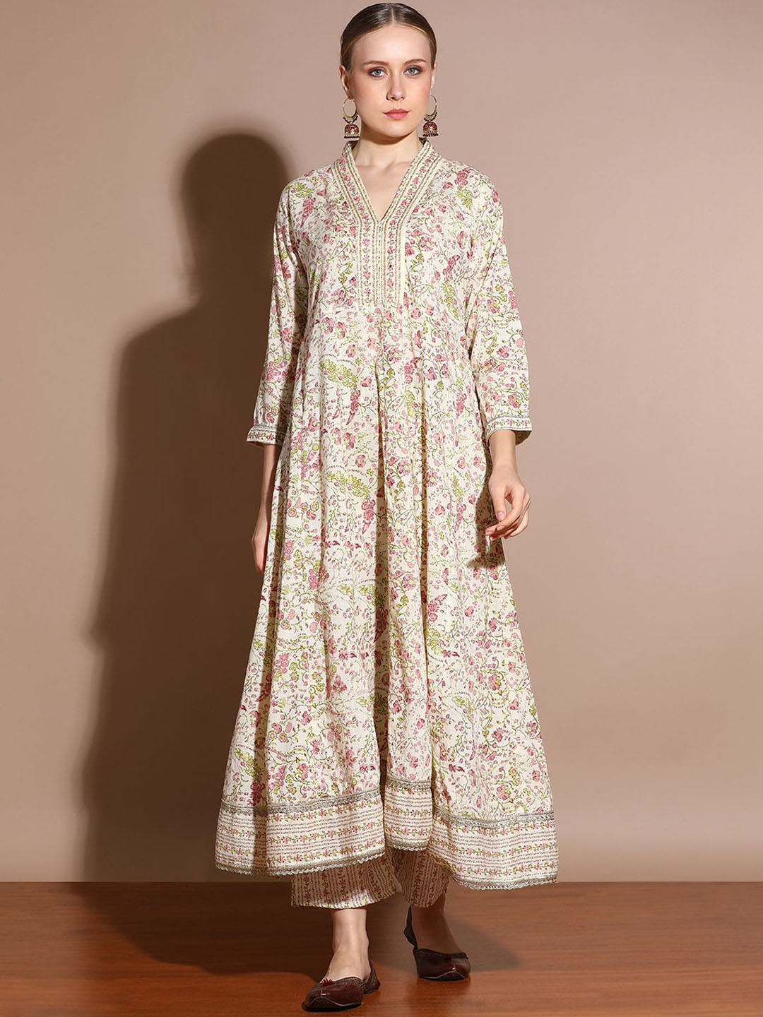 

Anouk Beige Floral Printed Empire Thread Work Pure Cotton Anarkali Kurta With Trouser