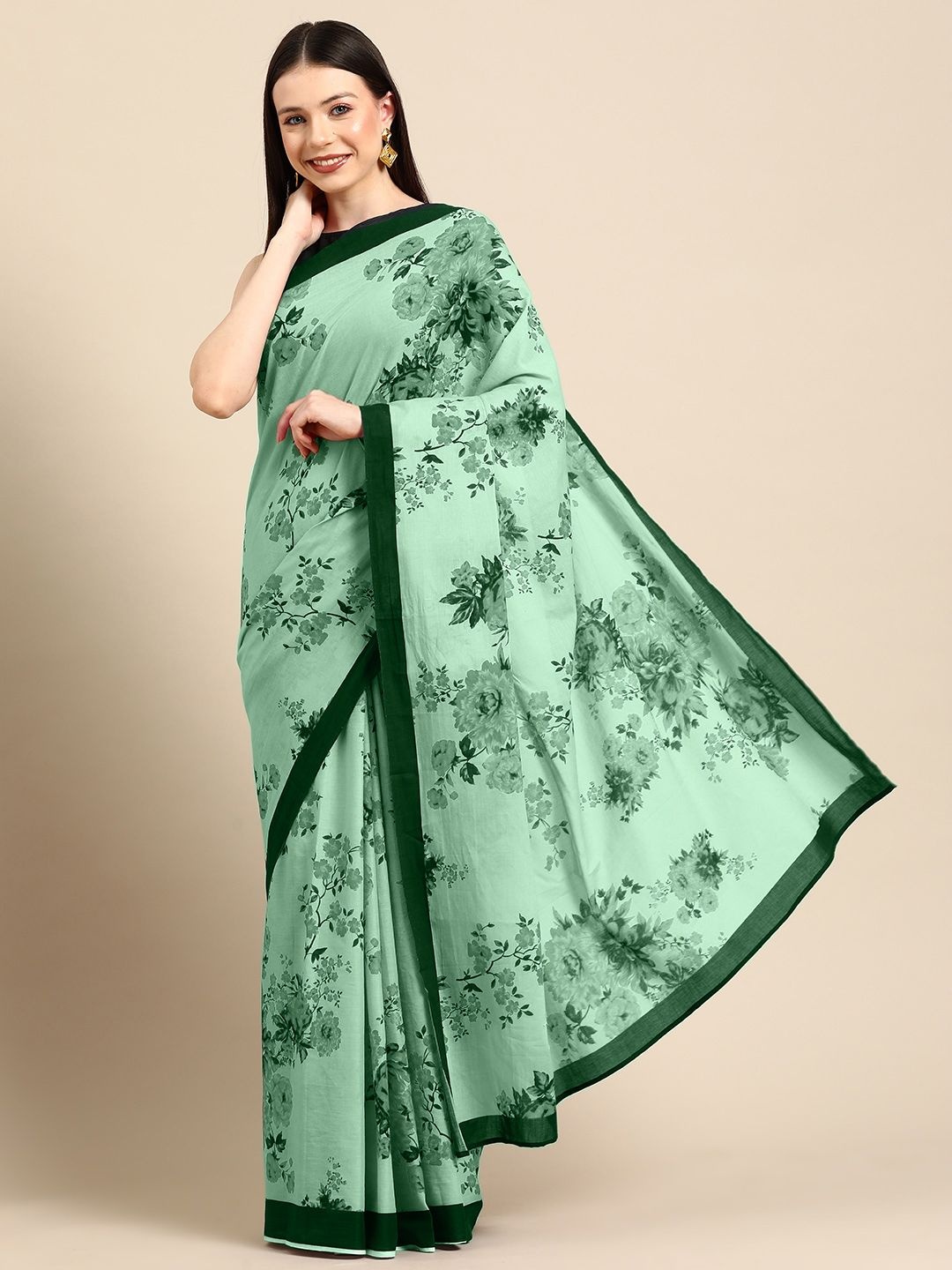 

BUTA BUTI Floral Pure Cotton Saree, Green