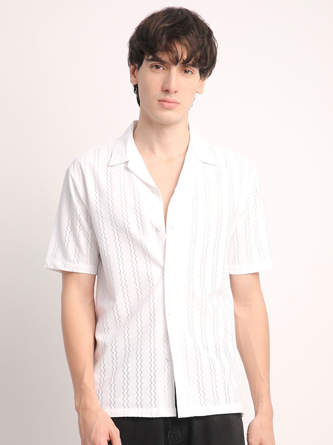 

Voroxy Men Relaxed Cuban Collar Textured Polycotton Casual Shirt, White