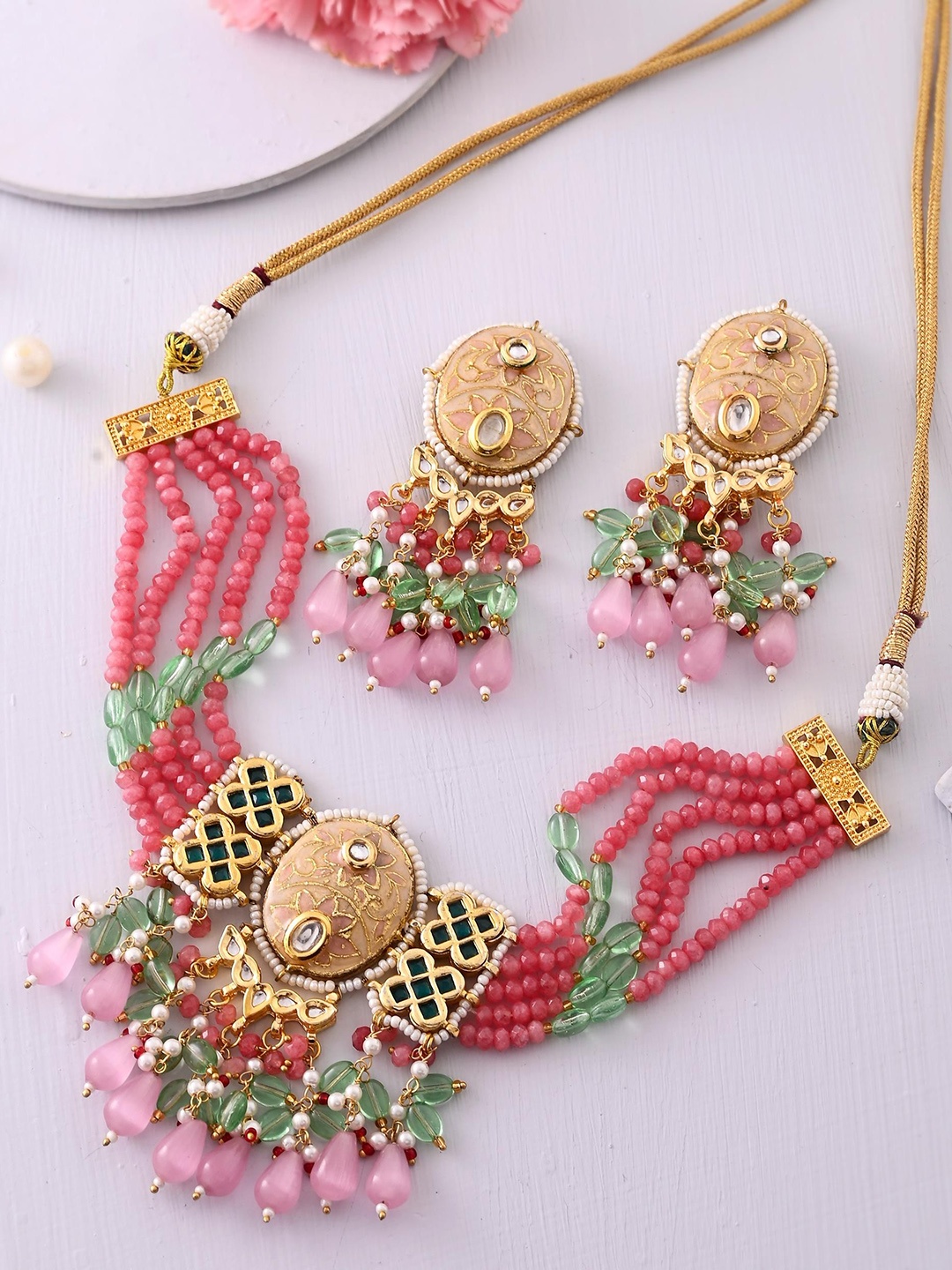 

DASTOOR Gold Plated Kundan Studded & Beaded Necklace & Earrings