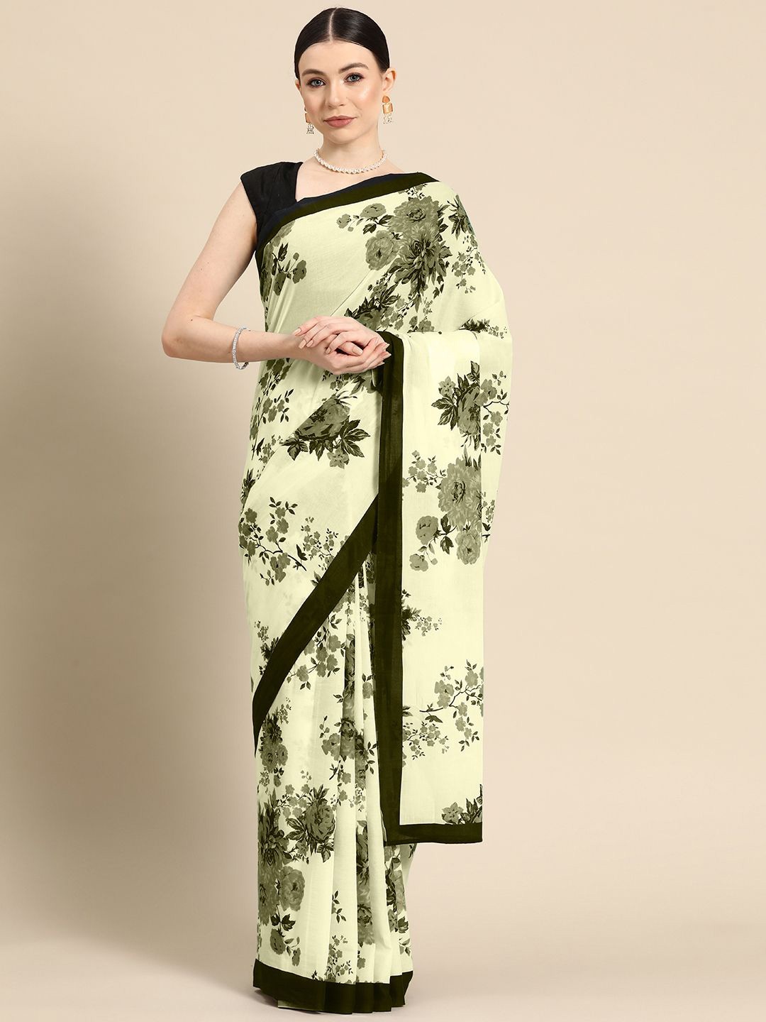 

BUTA BUTI Floral Pure Cotton Saree, Lime green