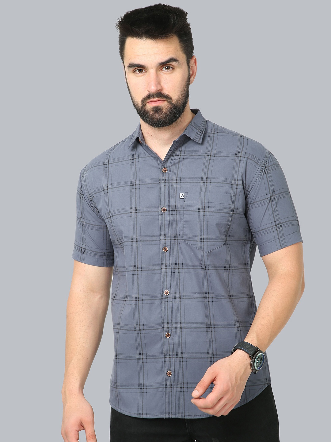 

AIDAN PAUL Men Comfort Spread Collar Gingham Checked Cotton Casual Shirt, Grey