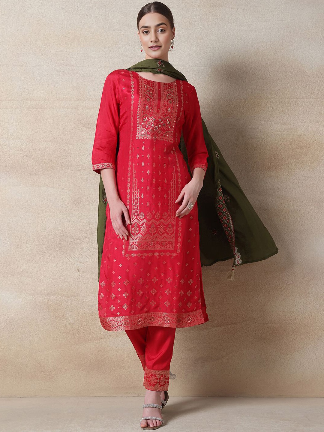 

Rang by Indya Ethnic Motifs Woven Design Zari Straight Kurta With Trousers & Dupatta, Pink