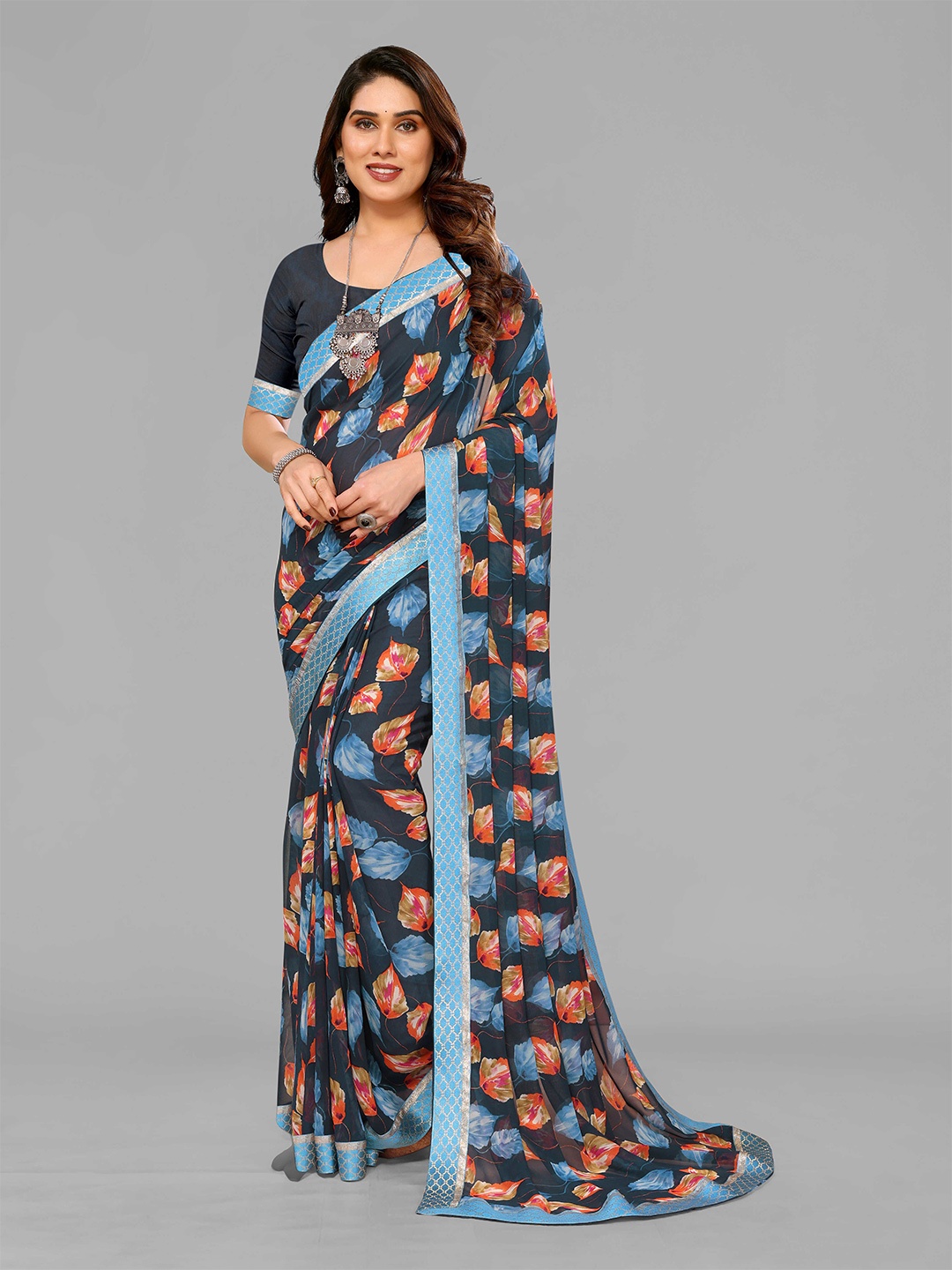 

saretramall Floral Printed Pure Georgette Saree, Blue