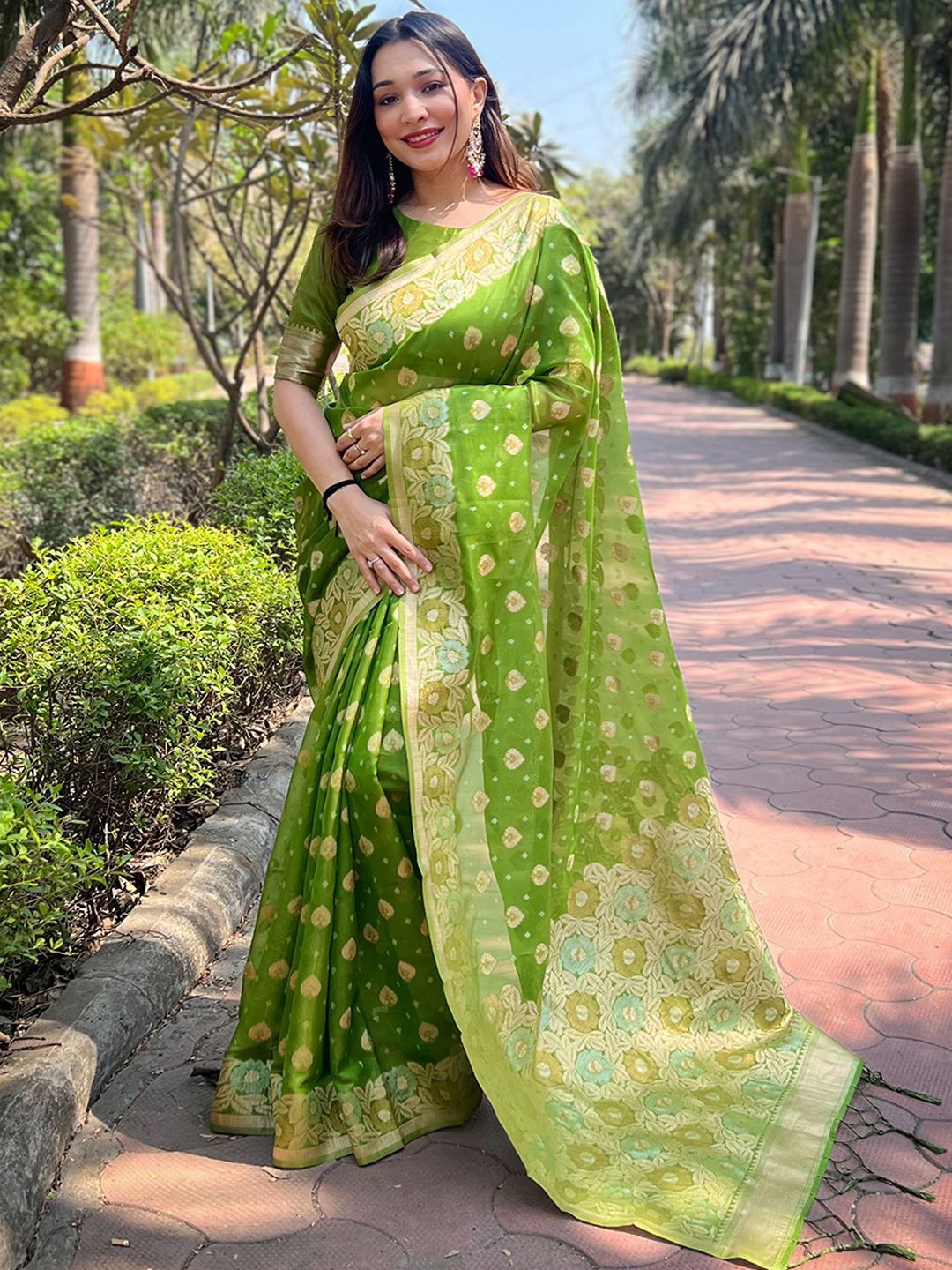 

Mitera Floral Woven Design Zari Organza Saree, Green