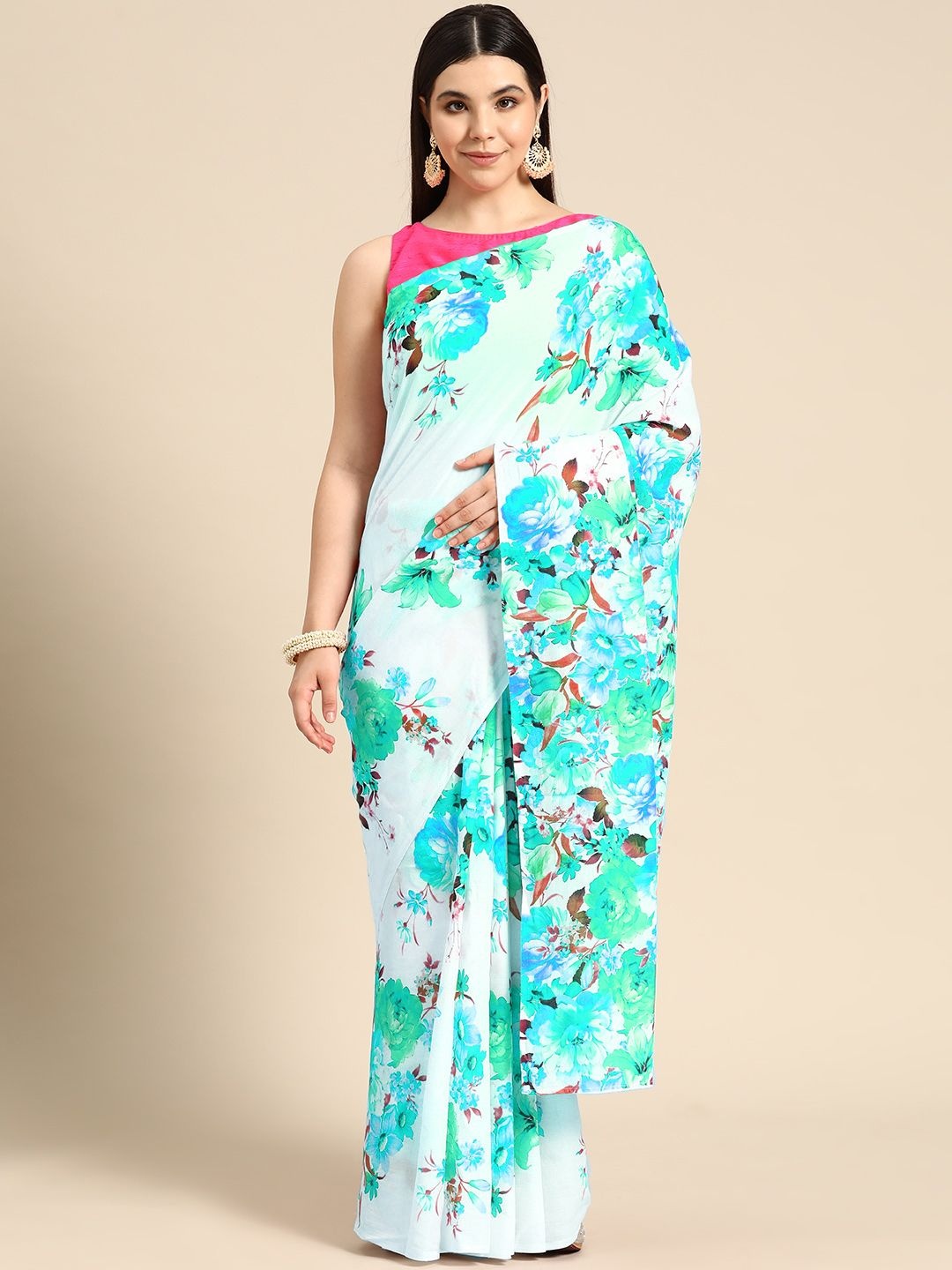 

BUTA BUTI Floral Printed Pure Cotton Saree, White