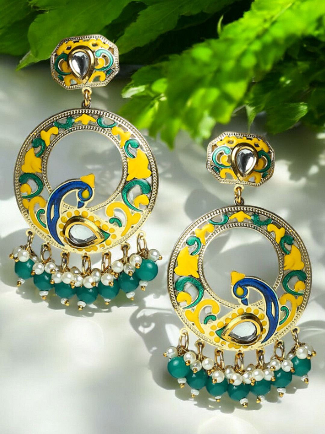 

OOMPH Kundan Studded Peacock Shaped Meenakari Chandbalis, Yellow