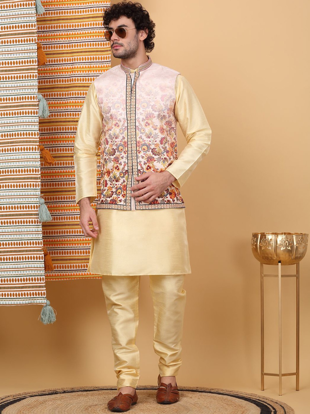 

KRAFT INDIA LUXE Mandarin Collar Straight Kurta with Churidar & Printed Nehru Jacket, Beige