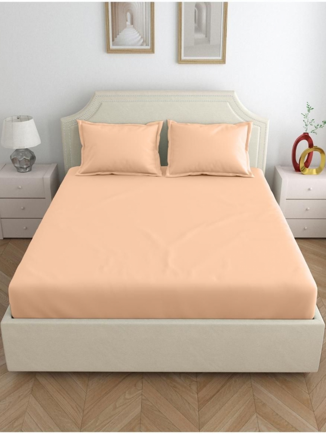 

Block Print Story Peach-Coloured 300 TC King Bedsheet with 2 Pillow Covers