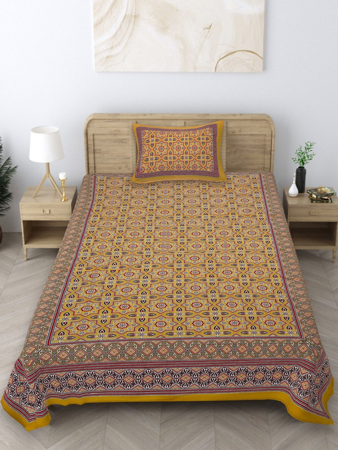 

Texstylers Gold-Toned & Maroon Floral 140 TC Cotton Single Bedsheet With 1 Pillow Covers