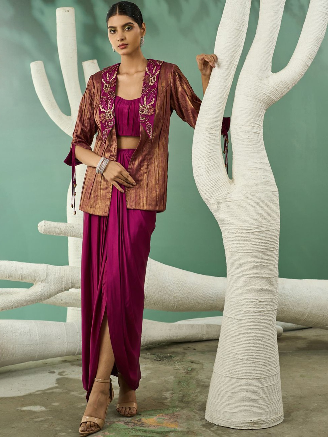 

ONE KNOT ONE Embroidered Ruched Top & Blazer & Skirt, Pink