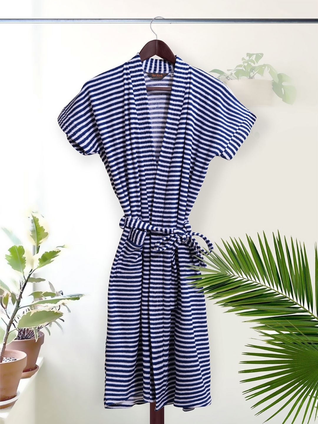 

HotGown Women Striped Bath Robe With Belt, Navy blue